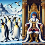 DALL·E 2025-01-21 18.01.05 - A captivating illustration contrasting a group of Emperor penguins and a royal king on a majestic throne. The penguins are standing confidently in the