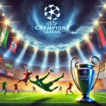 DALL·E 2025-01-23 11.39.30 - A vibrant illustration of a UEFA Champions League scene, showcasing a grand football stadium illuminated under bright floodlights, packed with cheerin
