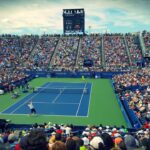 Thrilling tennis match at the US Open with a full stadium of enthusiastic fans.